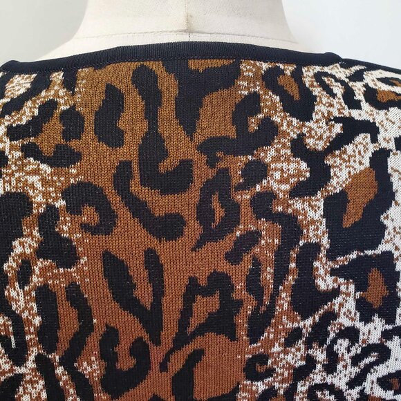 MISOOK Womens Leopard Knit Open Front Cardigan Crew Neck Brown Black White XS - Picture 5 of 6